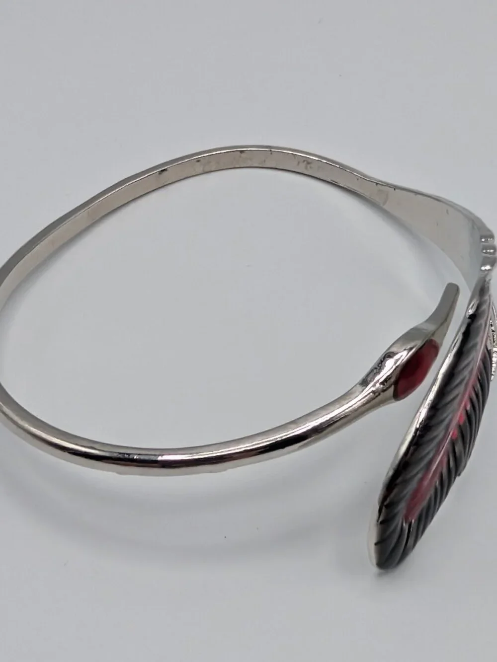 Vintage Silver Red Enamel Crane Feather Cuff Bracelet Boho Goth Bypass Bangle